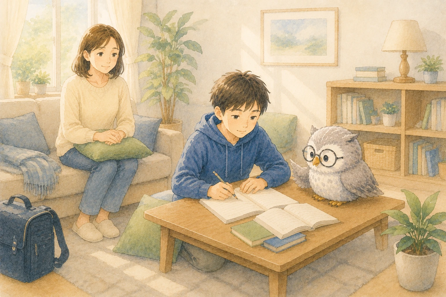 朝の自宅で少量の教材を開く子どもを穏やかに見守る保護者とぎんいろのふくろう先生
