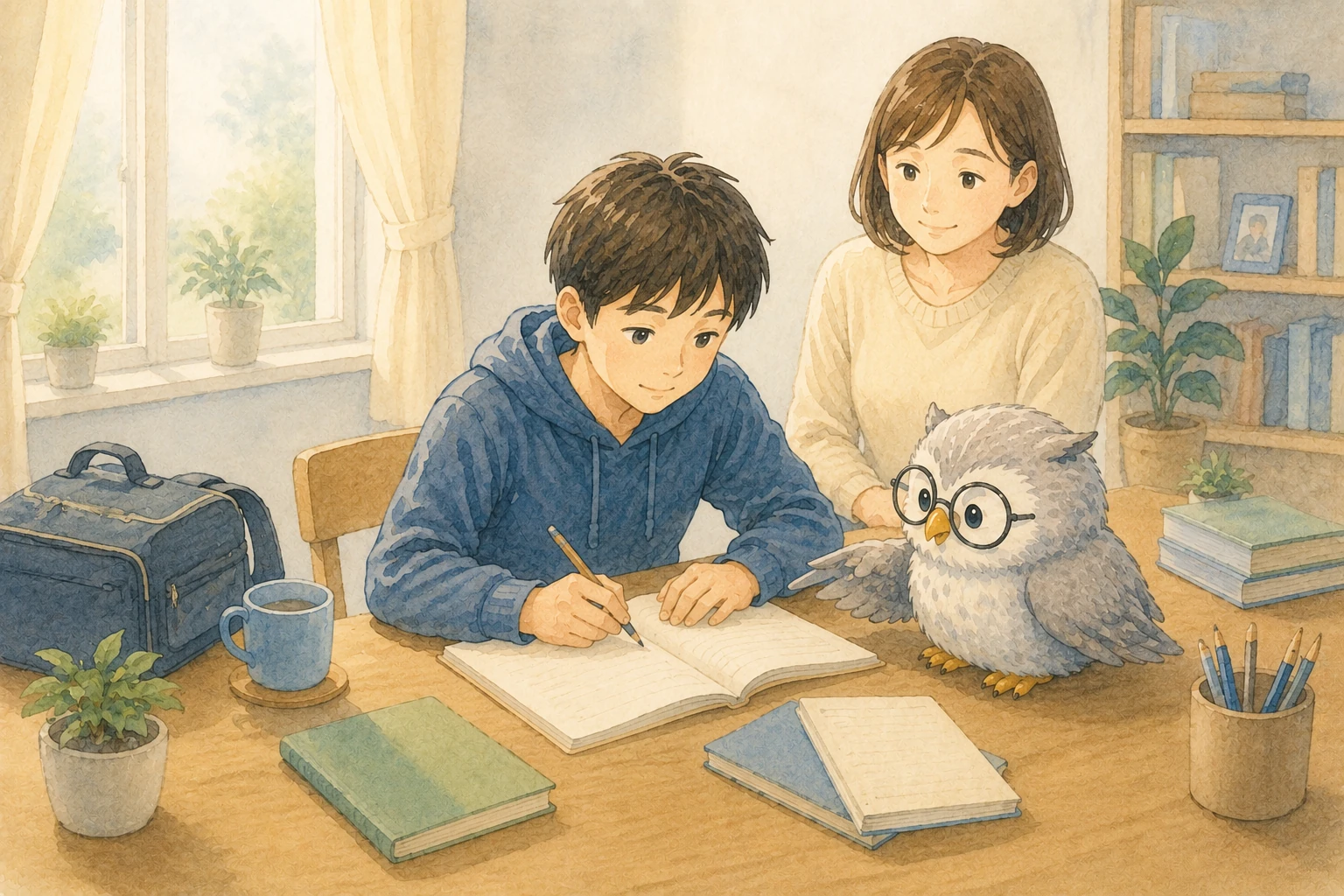 家庭で一対一の学習に取り組む子どもを見守る保護者とぎんいろのふくろう先生