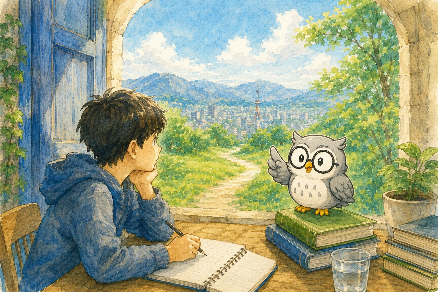 高卒認定制度と将来の進路を考える少年とぎんいろのふくろう先生