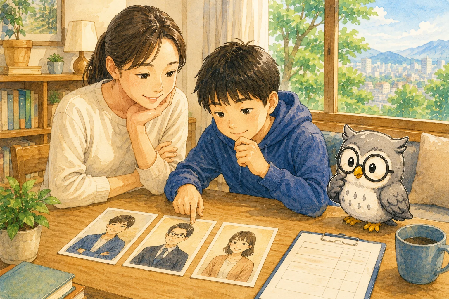 保護者と複数の家庭教師候補を比較する少年とぎんいろのふくろう先生