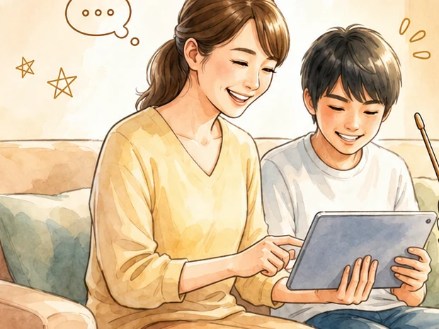 自宅でタブレットを使って一緒に学ぶ生徒と大人